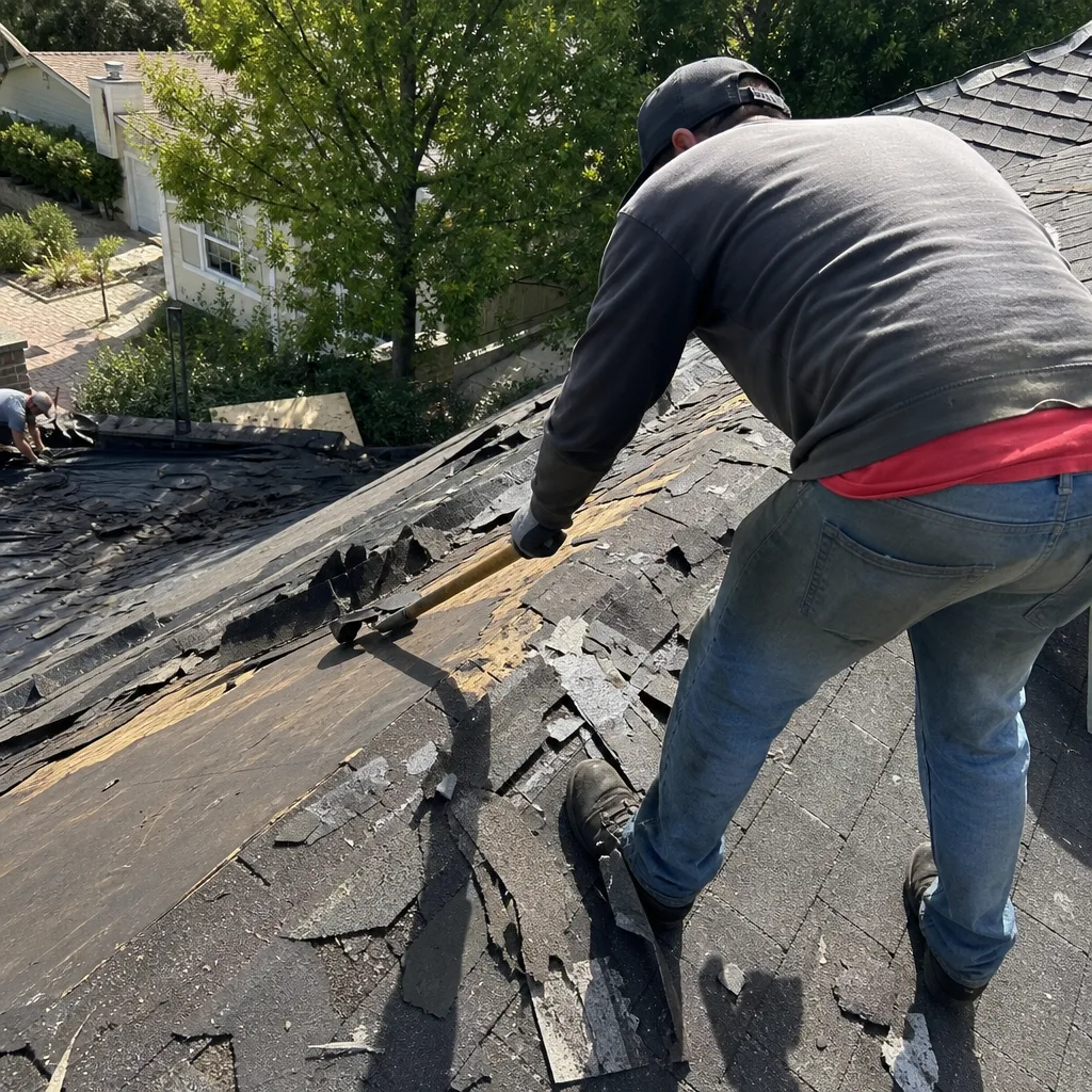 A construction worker removing old roofing shingles from a house roof