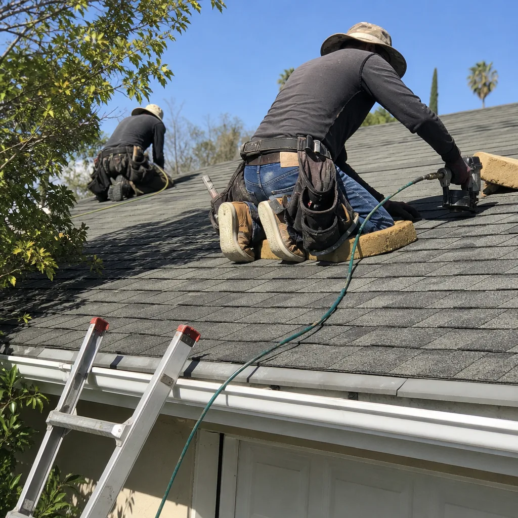 Two professional roofers installing new shingles on a residential roof