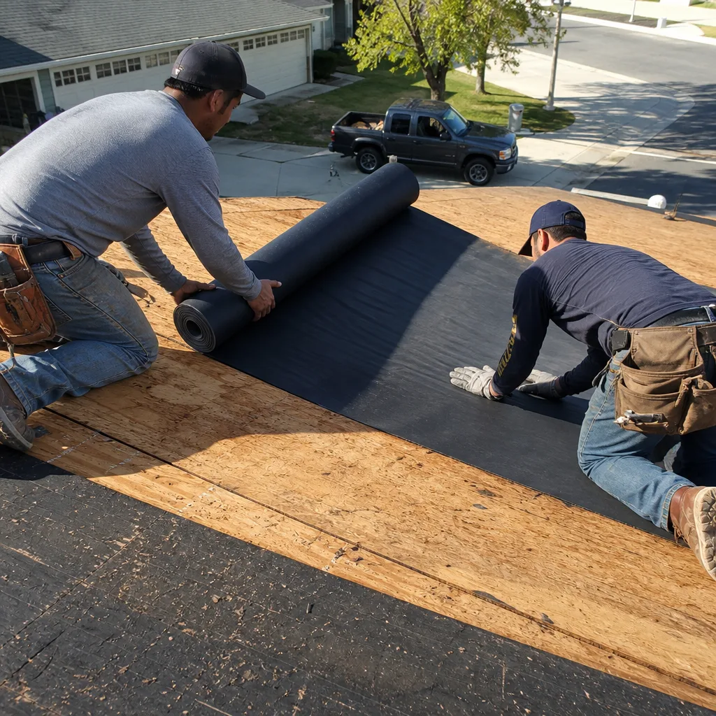 Two professional roofers installing black roofing underlayment on a plywood roof deck.