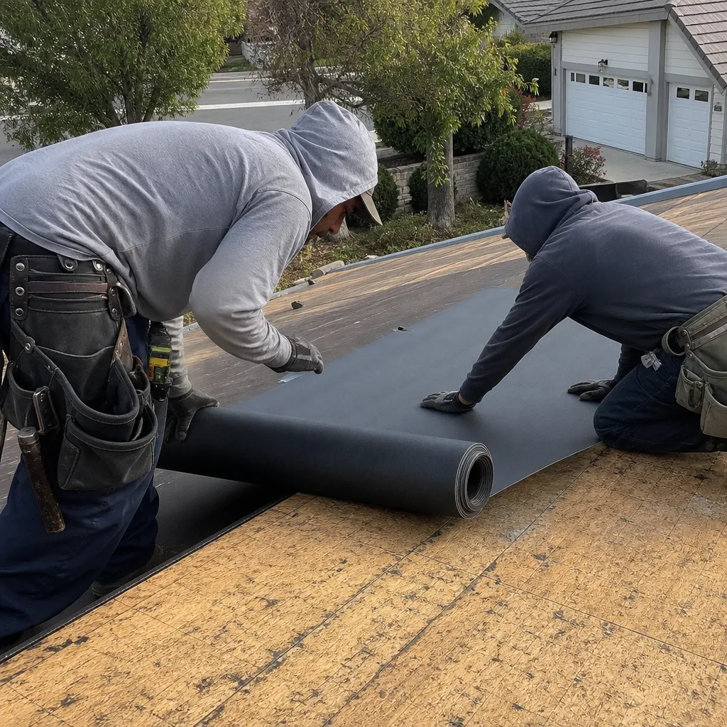 Two professional roofers installing black underlayment during a roof replacement project.