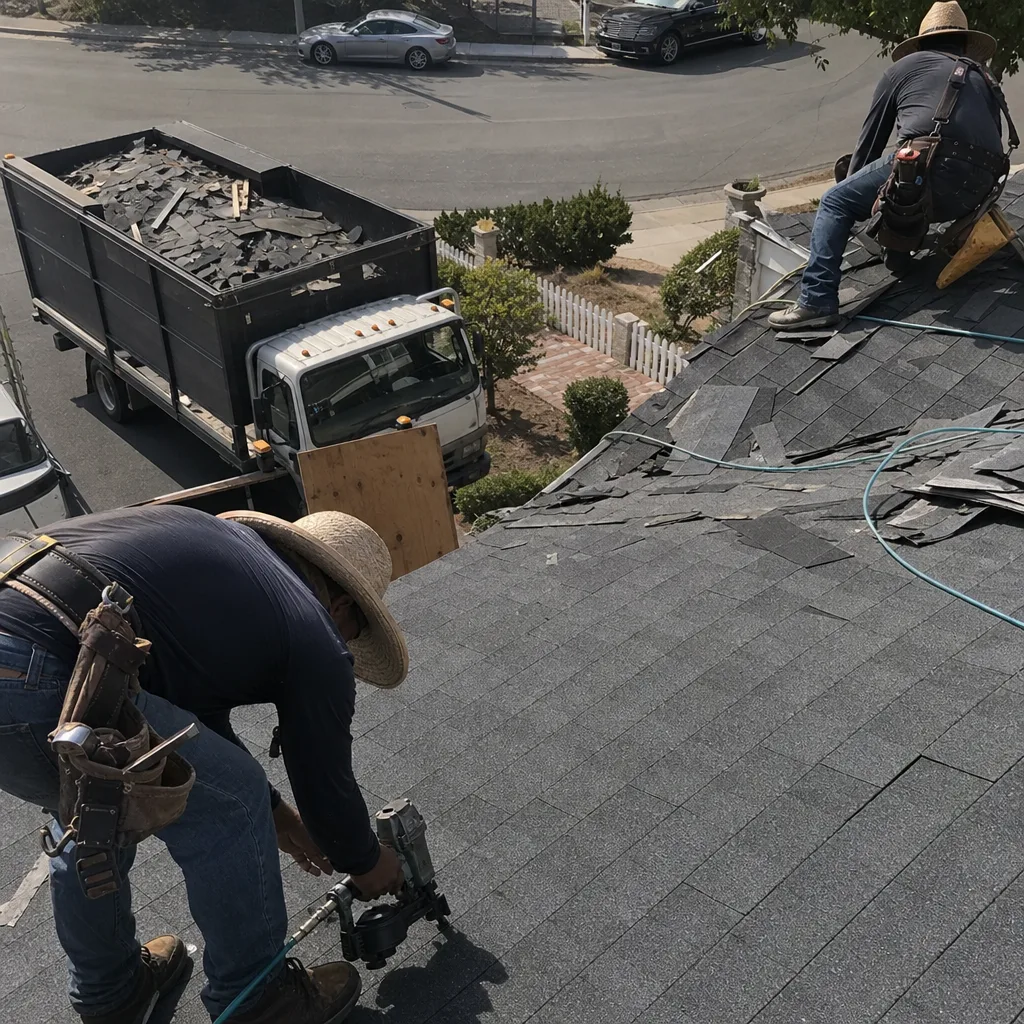 Two professional roofers performing a residential roof replacement with shingles.